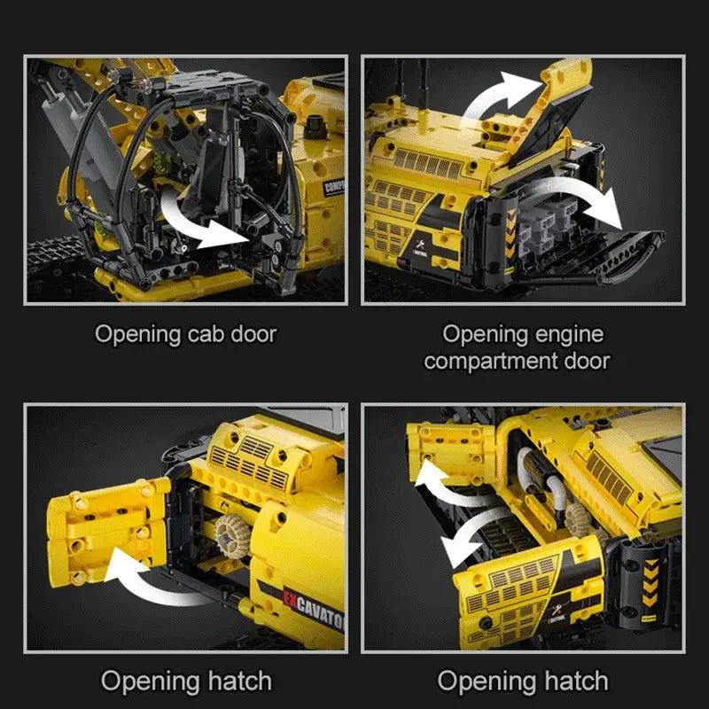 RC Excavator model features opening cab door, engine compartment door, and hatch for enhanced building experience.