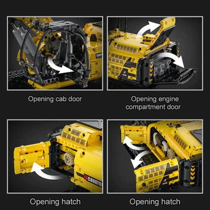 RC Excavator model features opening cab door, engine compartment door, and hatch for enhanced building experience.