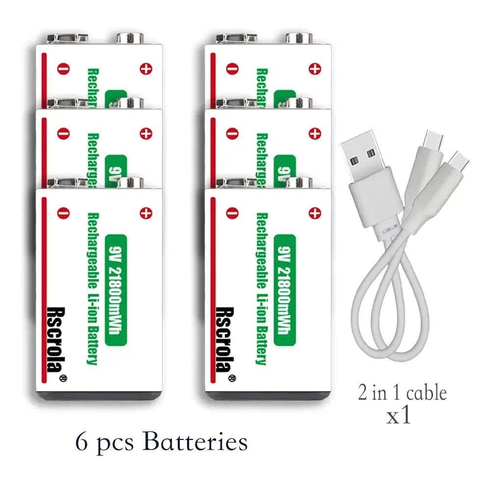 Rscrola 21800mWh 9V Lithium Rechargeable Battery with Type-C cable for various devices