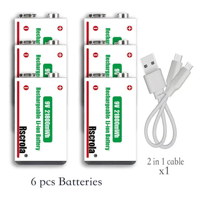 Rscrola 21800mWh 9V Lithium Rechargeable Battery with Type-C cable for various devices