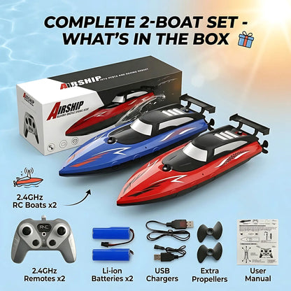 High speed RC speed boat complete set with two boats, remotes, batteries, chargers, and user manual.