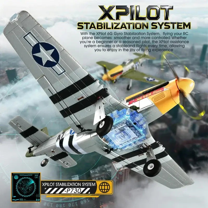 RC Plane P51D Mustang with XPILOT Stabilization System for smoother flights and enhanced control.