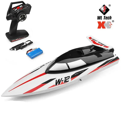 WLtoys 2.4G WL912-A RC Boat with remote control, battery, and charger, featuring sleek design for high-speed racing.