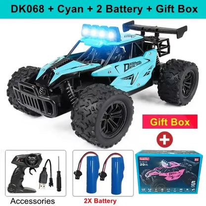 116 RC Car Remote Control Car DK068 buggy with cyan color, 2 batteries, and gift box accessories.