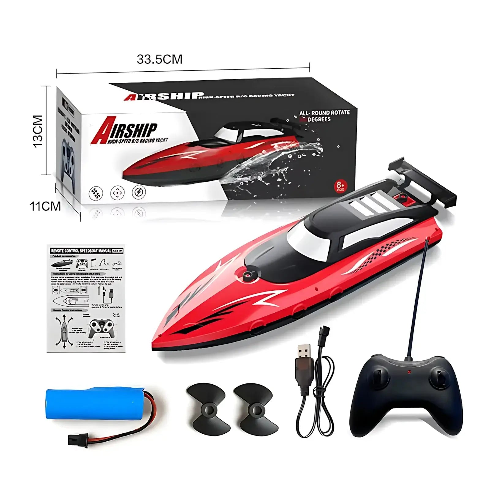 High-Speed RC Boat for Kids, Waterproof 27MHz Dual Motor with remote control and accessories.