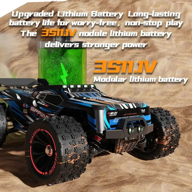 PRO 85KMH High Speed RC Car showcasing upgraded lithium battery for longer playtime and stronger power.