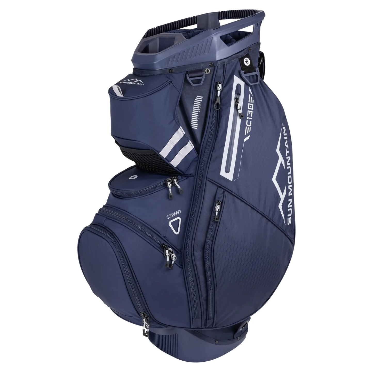 Men's C130 Lightweight Cart Golf Bag Sun Mountain shown from the side, featuring multiple pockets and a durable design.