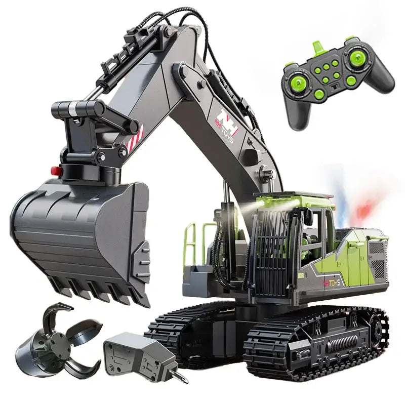 Remote Control Excavator Toys with controller and attachments, perfect for kids aged 6-12 years.