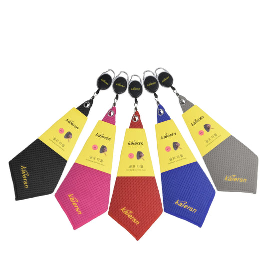Collection of Kaiersn Park golf Towels in various colors with tags displayed for product details.
