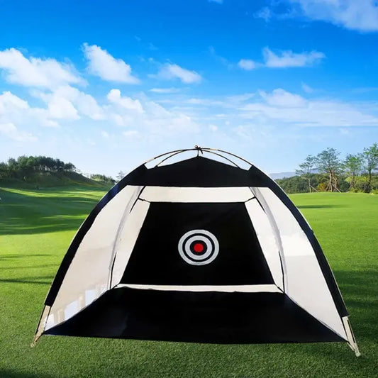 1or2M Golf Cage Practice Net set up on a golf course, featuring a target for skill training indoors or outdoors.