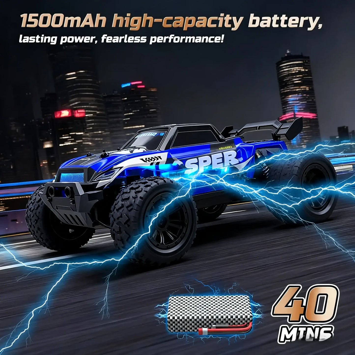 four wheel drive remote control truck with 1500mAh battery and powerful performance on city streets.