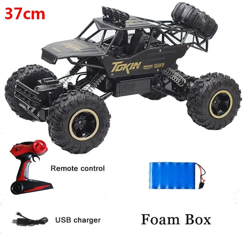 Remote control cars with LED lights 4WD 37cm RC car, remote control, USB charger, and storage foam box.