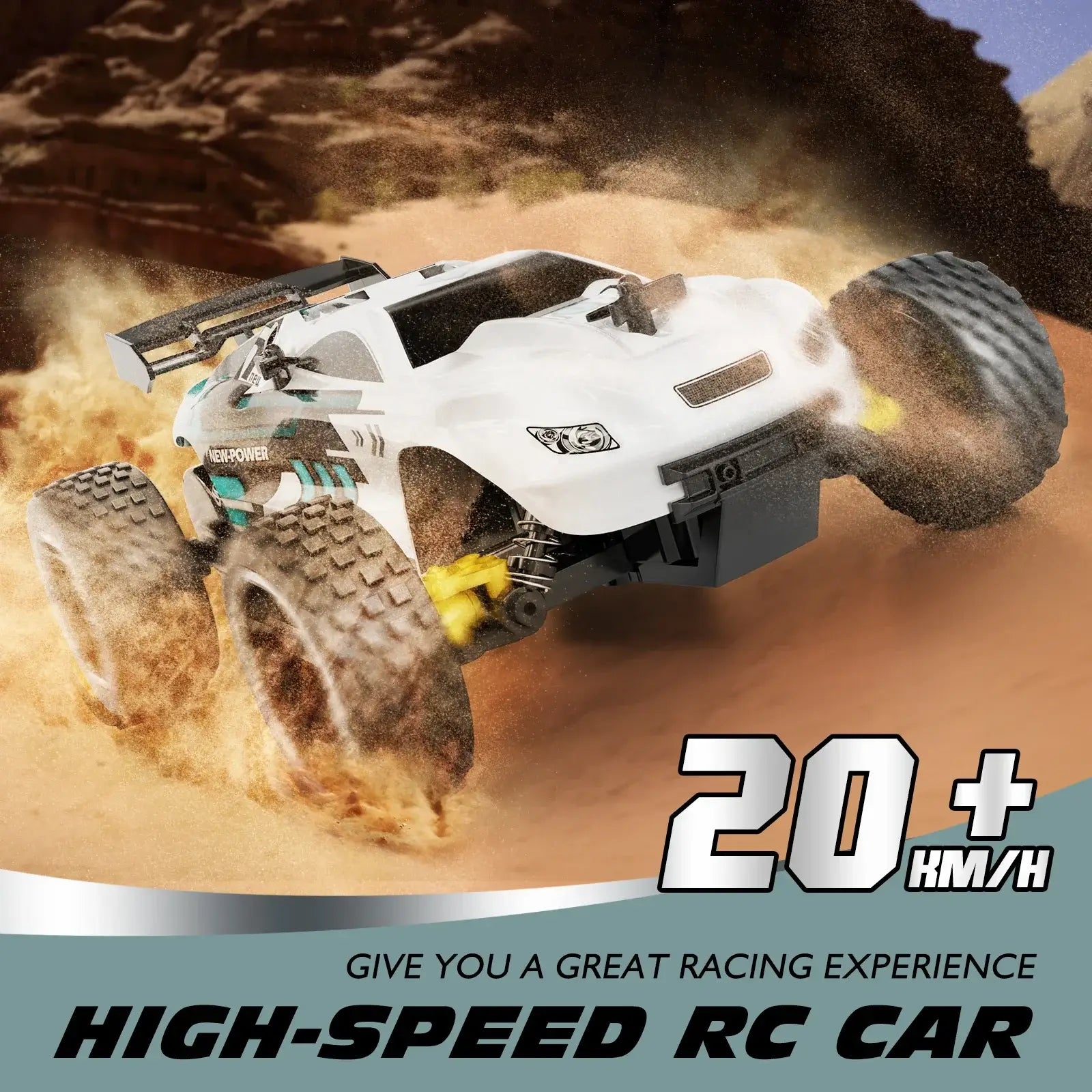 High-speed remote control car racing on dirt, reaching speeds over 20 KM/H, ideal for both adults and kids.
