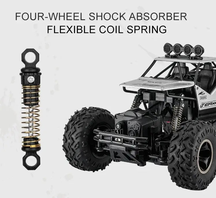 RC Car Remote Control Climbing Vehicle with four-wheel shock absorber and flexible coil spring for all terrain performance.