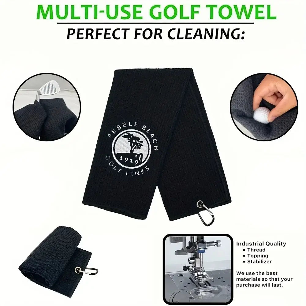 Embroidered 1919 Golf Towel with clip, featuring durable fabric and perfect for cleaning on the golf course.