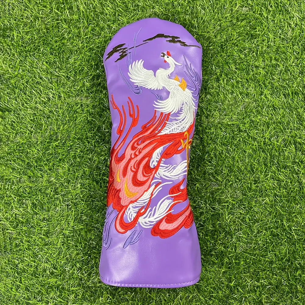 1pc Faux Leather Golf Club Head Cover with Phoenix Embroidery on purple background