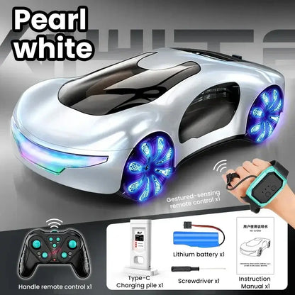 Remote Control Concept Cars with a sleek design, pearl white exterior, and glowing wheels, shown with a remote and accessories.