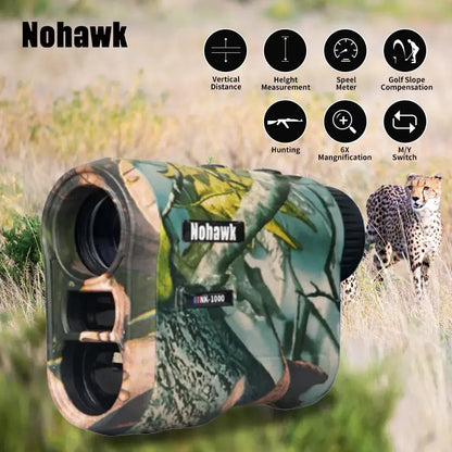 Nohawk golf laser rangefinder with slope distance and features like height measurement, speed meter, and hunting capability