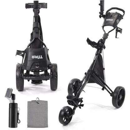 Lightweight golf push cart showcasing one-click folding feature and adjustable height for golfers.