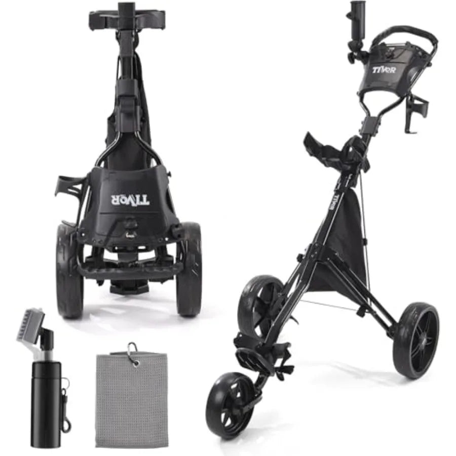 lightweight golf push cart with one-click folding and adjustable height design shown from both front and back angles
