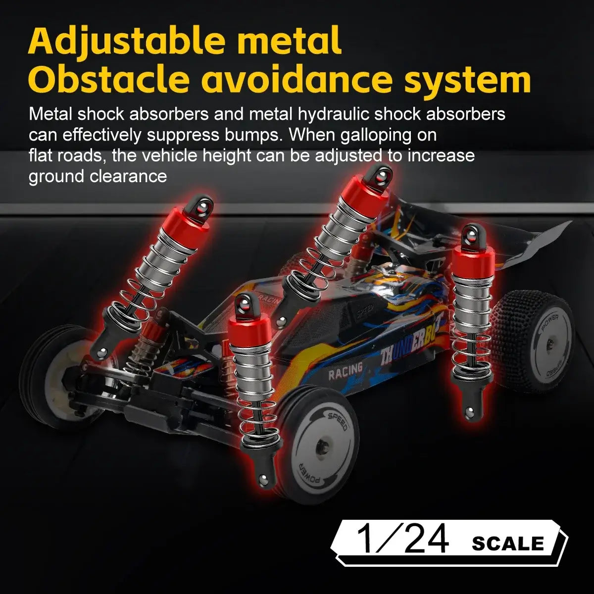 WLtoys high speed racing car with adjustable metal obstacle avoidance system and shock absorbers.