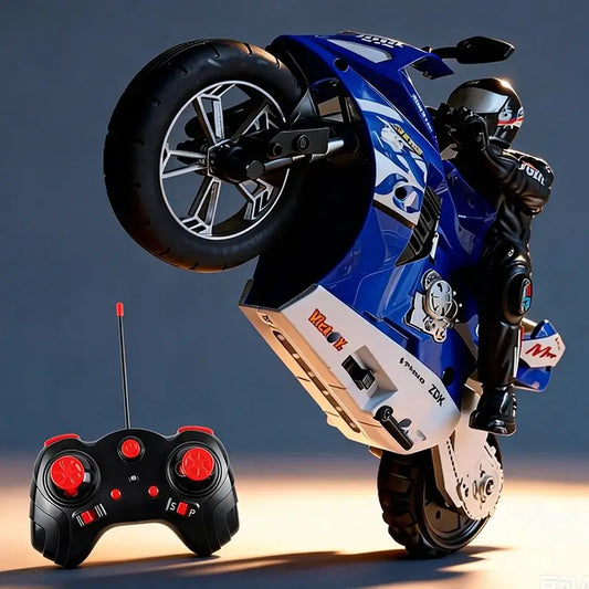 RC Motorcycles performing a stunt with remote control, showcasing its detailed design and dynamic action.