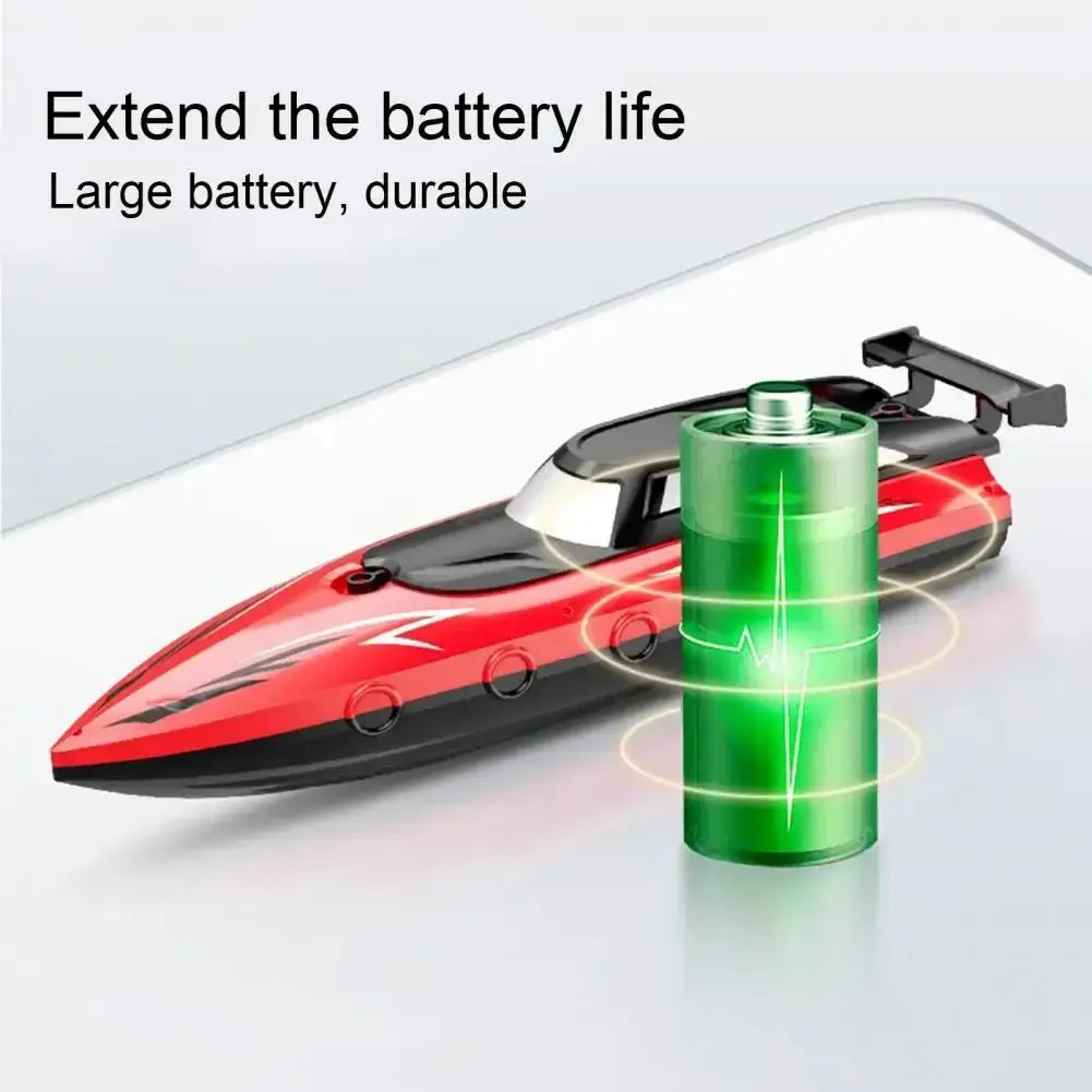 RC Boat With LED Lights showcasing large battery life and durability features.
