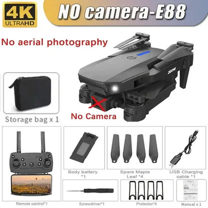 4K dual camera RC drone E88 model image showing drone, remote control, storage bag, and accessories without camera