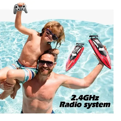 Father and son enjoying RC Battery Boat in pool with remote control, showcasing 2.4Ghz radio system.