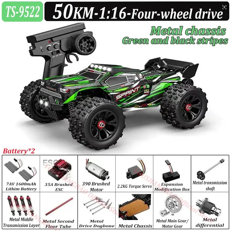 RC Car 80 Kilometers or 50 Kilometers with metal chassis, four-wheel drive, and green black stripes.