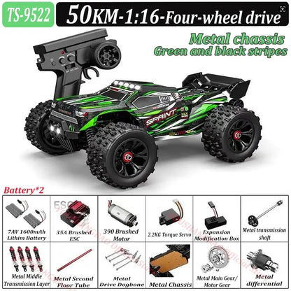 RC Car 80 Kilometers or 50 Kilometers with metal chassis, four-wheel drive, and green black stripes.