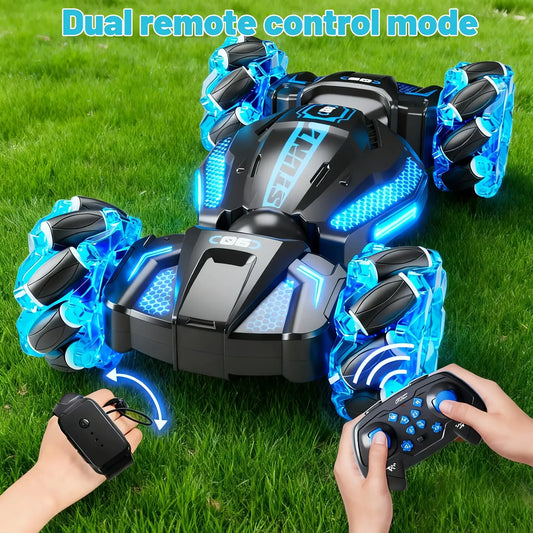 Stunt remote-control car Gesture with dual remote control mode showcased on grass.