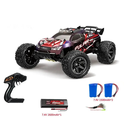 18 Large Size RC Car 60KMH with remote control, battery pack, and accessories on a white background.