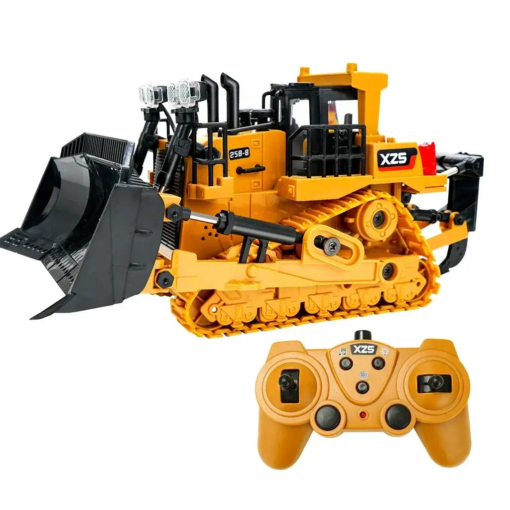 RC bulldozer remote control truck with detailed design and remote controller, perfect for kids and collectors.