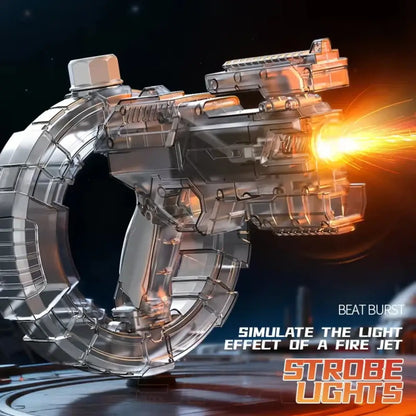 Electric Water Gun with LED Lights featuring strobe lights simulating a fire jet effect for enhanced fun.