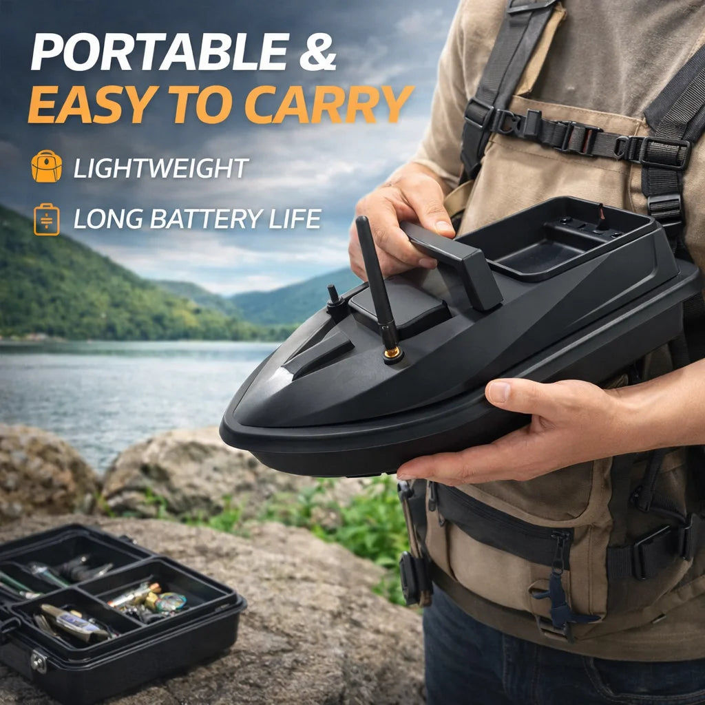 remote control bait boat held by an angler, showcasing its lightweight and portable design by the waterfront.