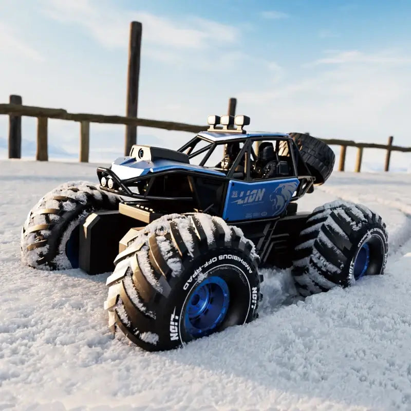 amphibious remote control car for kids in snowy terrain, showcasing 4DRC New Y10 model with large tires.