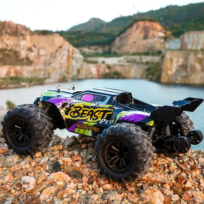 High speed remote control car on rocky terrain near a lake, showcasing its vibrant design and rugged tires.