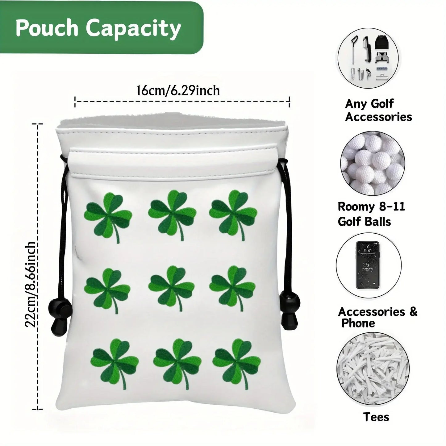 Golf valuables pouch featuring embroidered clover design, perfect for holding golf accessories, balls, and phones