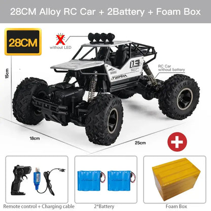 RC Car With Led Lights ZWN 28CM Alloy RC Car model with remote control, two batteries, and foam box.