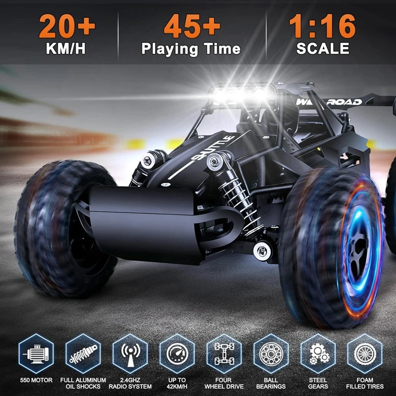 116 RC Car Remote Control showcasing 1:16 scale design with 20+ km/h speed and 45+ minutes of playtime.