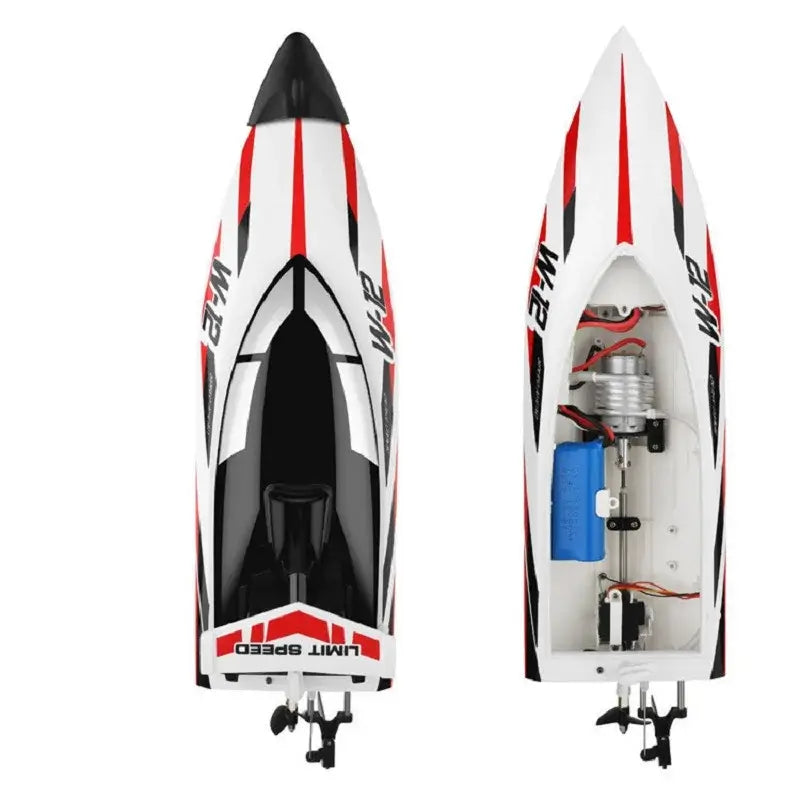 WLtoys 2.4G WL912-A RC Boat showing front and top views, highlighting its sleek design and internal components.