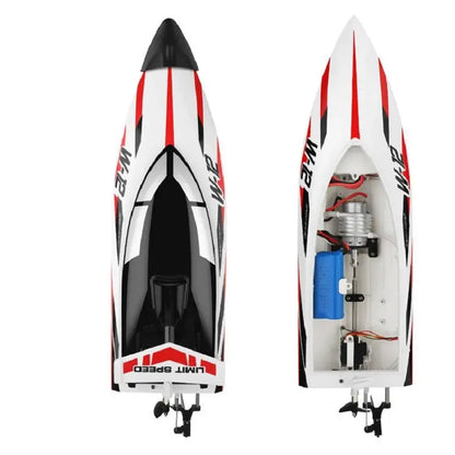 WLtoys 2.4G WL912-A RC Boat showing front and top views, highlighting its sleek design and internal components.