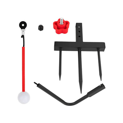 Golf Swing Trainer parts including alignment stick, golf ball, and stakes for swing practice.