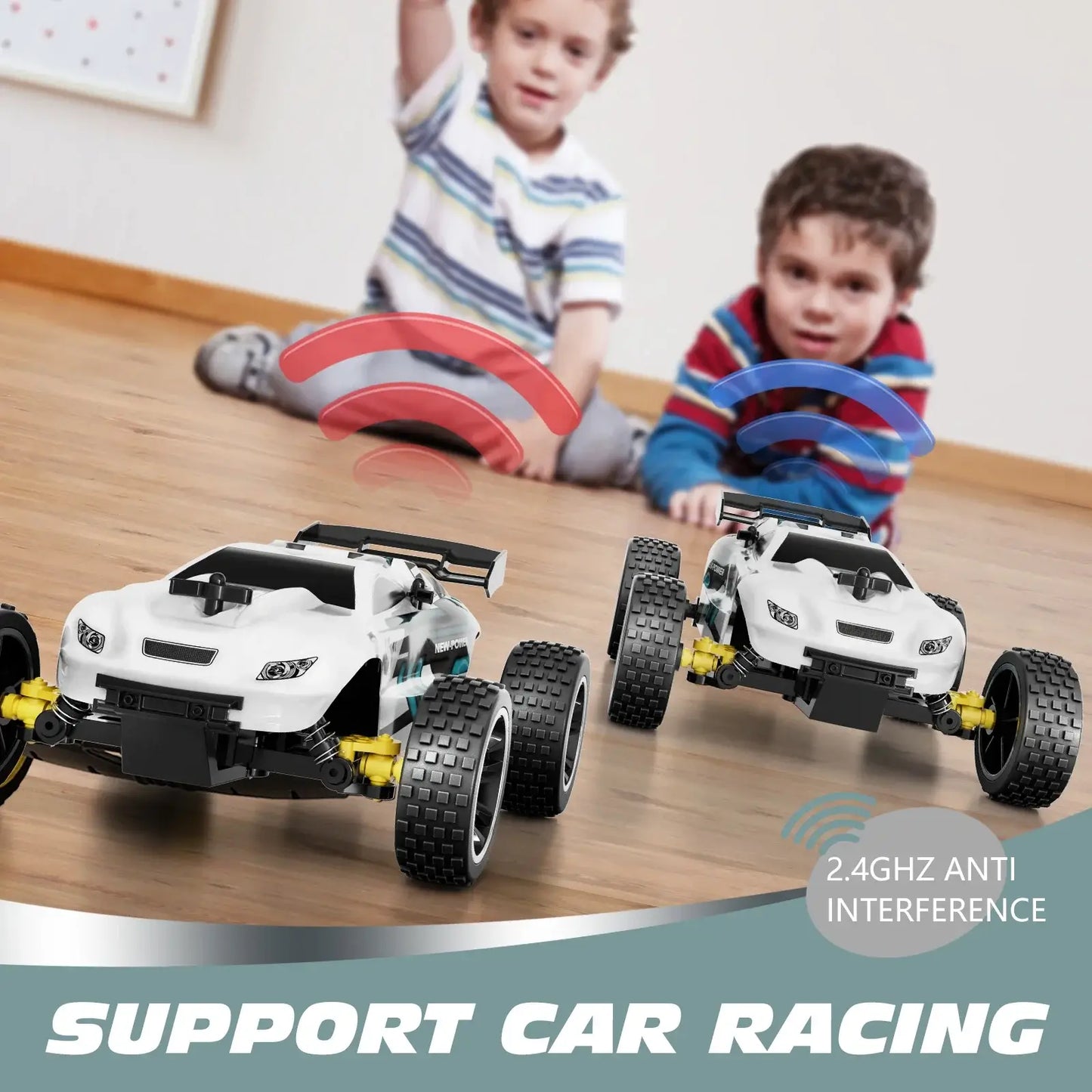 high-speed remote control car racing with 2.4GHz technology, kids enjoying indoor playtime with remote control cars.