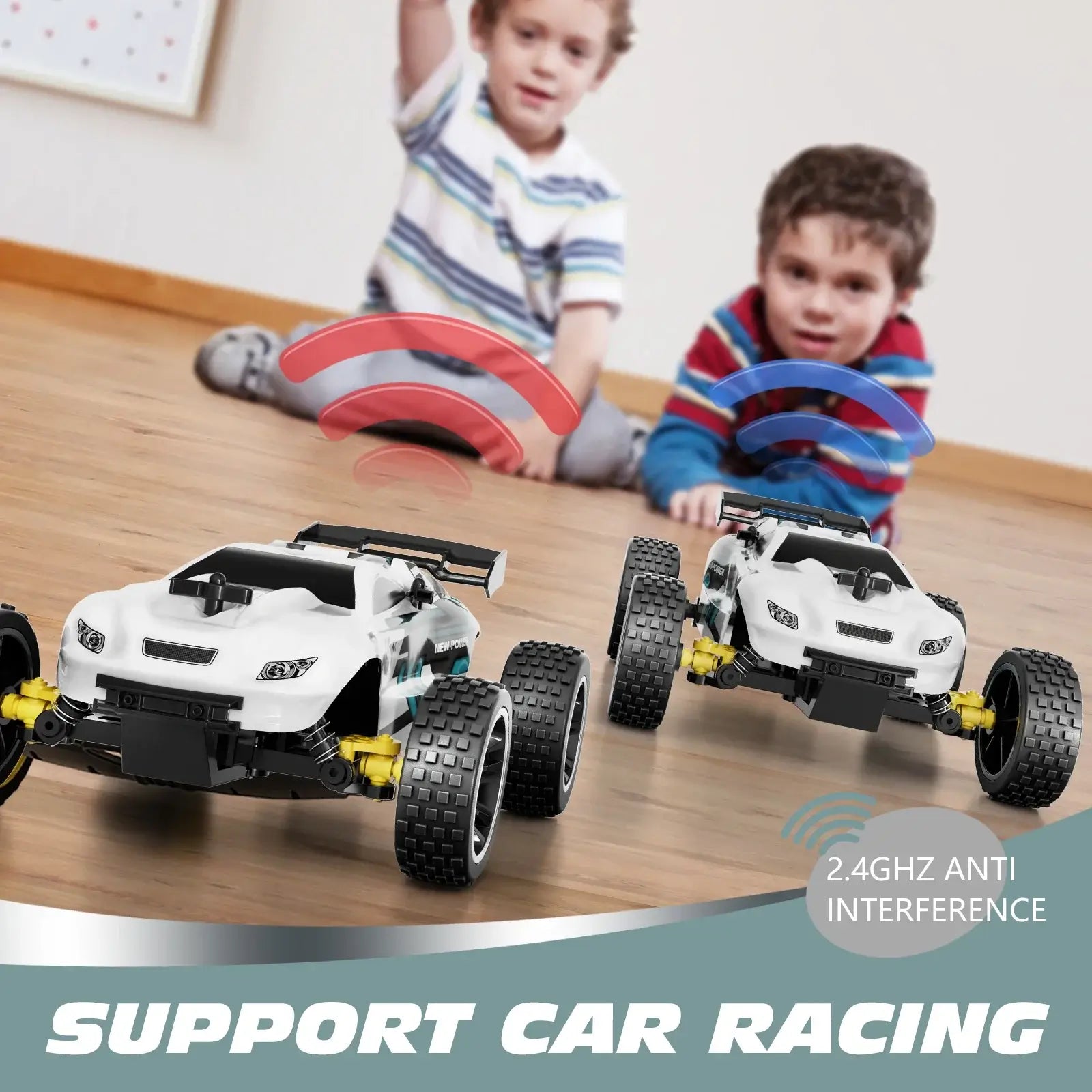 high-speed remote control car racing with 2.4GHz technology, kids enjoying indoor playtime with remote control cars.