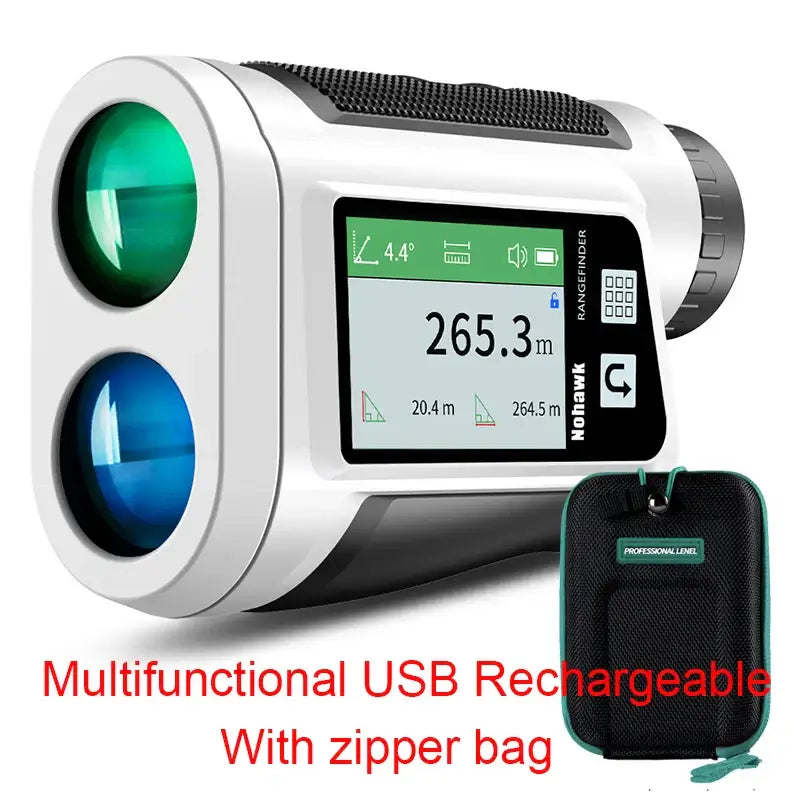 golf laser rangefinder with slope distance and USB rechargeable design, displaying measurement on screen with carrying case