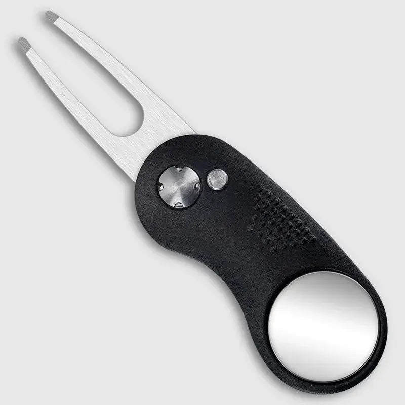 Metal Foldable Golf Divot Repair Tool with a black handle and stainless steel prongs.