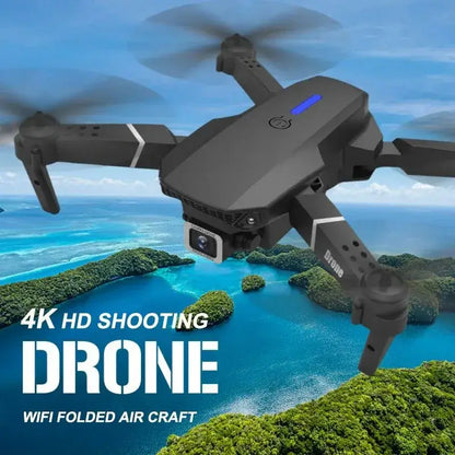 New E88 RC Drone 4K HD shooting with WiFi functionality showcased over beautiful aerial landscape.