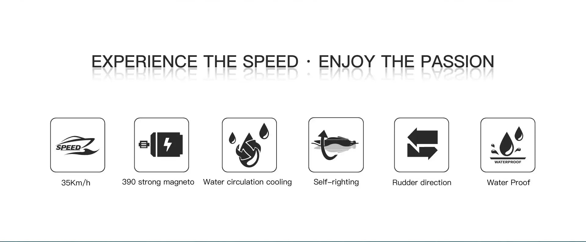 Icons showcasing features of WLtoys 2.4G WL912-A RC Boat, including speed, waterproofing, and self-righting capabilities.